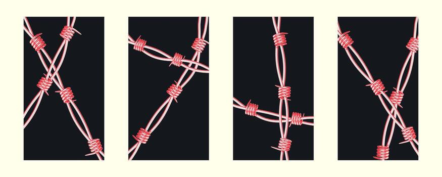 Set of vertical backgrounds showcases a retro collage style. Barbed wire is cut out of paper with a halftone effect, enhanced by a red tint on a black backdrop. vector
