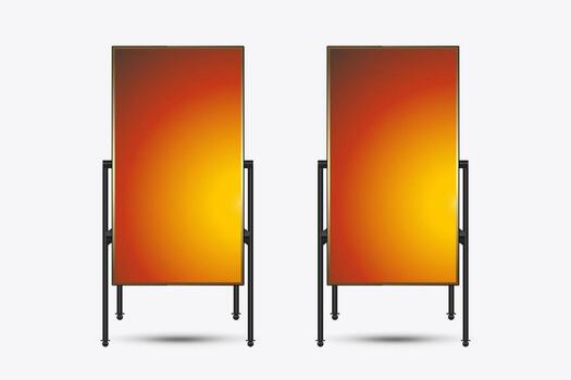 LED mockup presents a wide gaming monitor with bold gradient tones transitioning from red to yellow. Positioned on a dual-leg stand, it exudes stability and sophistication. vector