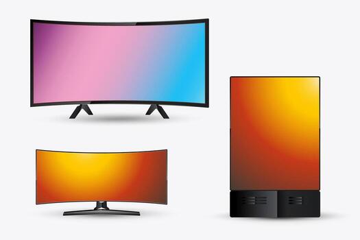 Set of different LED mockups with a wide gaming monitor with bold gradient tones transitioning from red to yellow. Positioned on a dual-leg stand, illustration vector