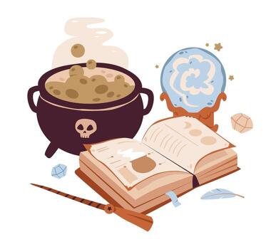 Spellbook, cauldron, and crystal ball with potions and wands. Perfect for Halloween magic and witchcraft. Gothic mystic set with grimoire, ritual objects. vector