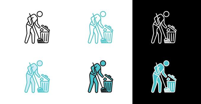 Janitor with broom and trash can icon in line and fill style vector