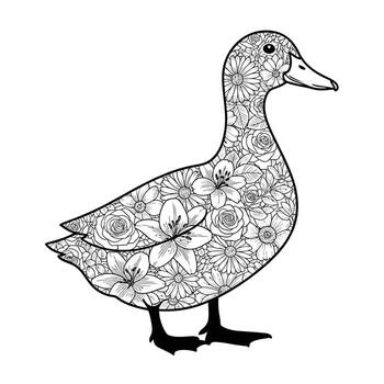 Black and White Outline of a Duck Filled with Floral Patterns on White Background bird animal vector