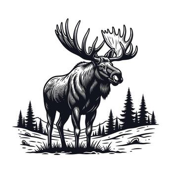 Black and white illustration of a large moose standing in a landscape with pine trees and hills on a white background vector