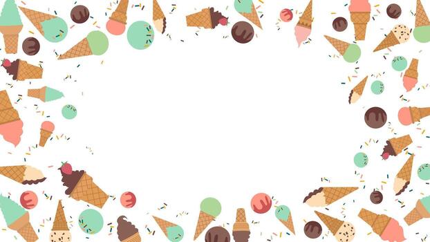 Featuring various ice cream cones banner template. Ice cream scoops and colorful sprinkles round circle frame vector