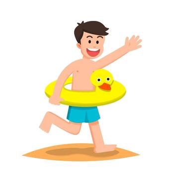 boy running on the sand while wearing an inflatable duck vector