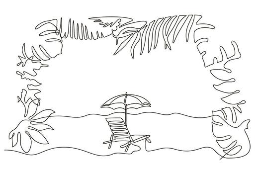 Beach umbrella and lounger near palm tree , continuous editable single line drawing. Leaves of palm trees, tropical plants in the form of a frame. Concept of summer vacation vector
