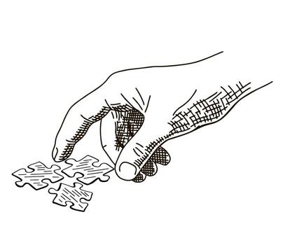 personaje mano tenencia, montaje, conectando rompecabezas rompecabezas piezas. rompecabezas juego símbolo y icónico negocio metáfora para problema resolviendo estrategia vector