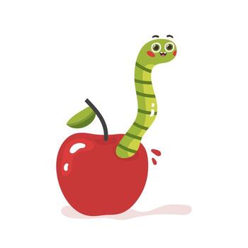A green worm character with a face crawls out of a red apple, illustration on a white background vector