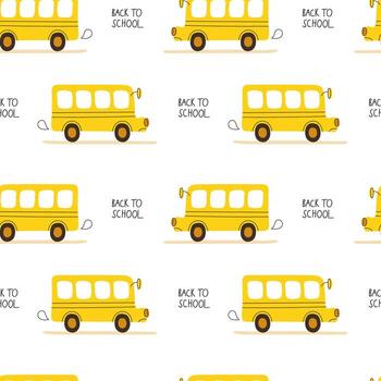 A pattern with a yellow school bus on a white background. Seamless pattern for textiles, packaging, backgrounds vector