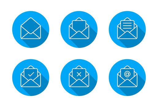 Open email envelope outline icon with long shadow. Message symbol with check, cross, text, and mention sign vector