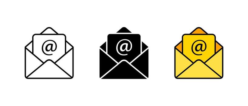 Email envelope icon set. Open mail message with mention symbol vector