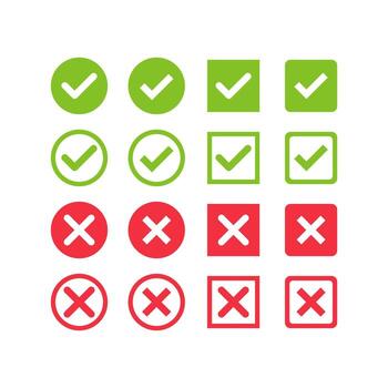 Large set of flat buttons. green check marks and red crosses. Circle and square, hard and rounded corners. vector