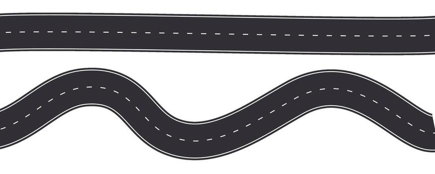 Set Winding road top view, highway curve path. Empty horizontal way, map. Asphalt wavy road template, game, design element. vector