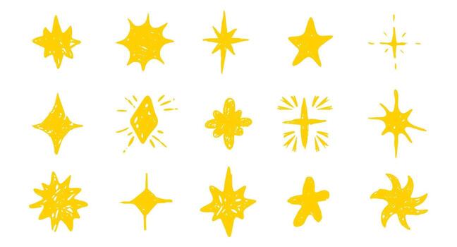 Star crayon chalk pencil hand drawn scribble sketch or doodle design element. Textured sparkle figure school scribble bg. Crayon twinkle blink, firework, glitter silhouette and glowing symbols vector