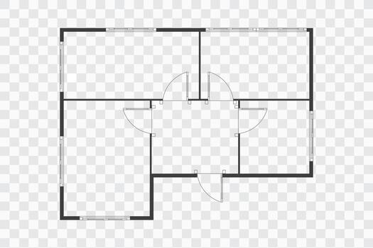 Floor plan simple icon room flat apartment modern unfurnished house line drawing, floor plan project, symbol. Technical architecture draw. Structure shape, build layout with doors windows. vector