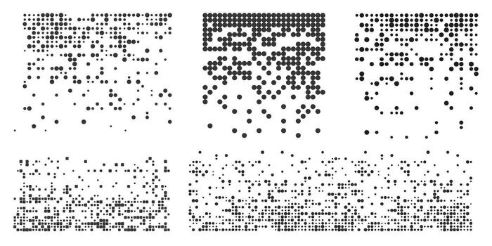 desintegración conjunto punto circulo grano ruido, desvanecerse trama de semitonos efecto, dispersar punto trabajar, disperso antecedentes mosaico píxel red. vector