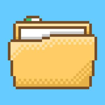 clásico archivo carpeta icono conteniendo documentos, diseñado en un limpiar retro píxel Arte estilo. esta 8 bits ilustración es un Perfecto símbolo para datos, organización, y archivo administración vector