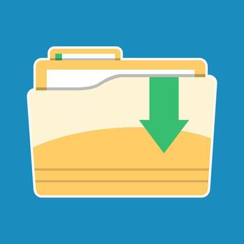 Clean flat design icon of a file folder with a green download arrow, presented in a simple sticker style. This graphic is a perfect symbol for downloading, saving, and data storage vector