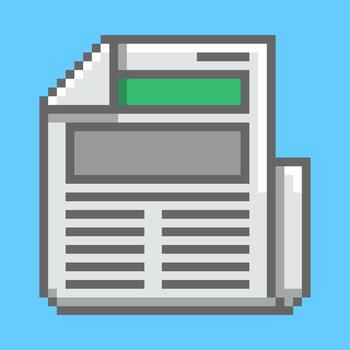 Pixel art icon of a folded newspaper, designed in a classic 8-bit retro style. This illustration, featuring a headline and text columns, is a perfect symbol for news, media, and information vector