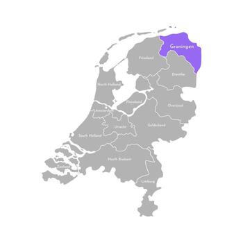 isolated simplified illustration icon with grey silhouette of Netherlands provinces. Selected administrative division Groningen. White outline and background vector