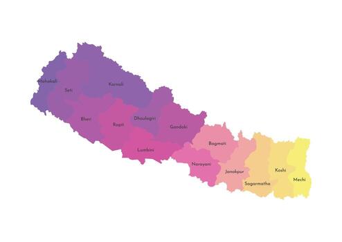 isolated illustration of simplified administrative map of Nepal. Borders and names of the zones. Multi colored silhouettes. vector