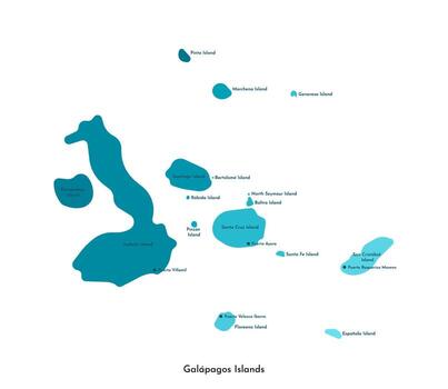 isolated simplified illustration icon with blue gradient silhouette of Galapagos Islands map, part of Ecuador. Names of the island and main cities. White background vector