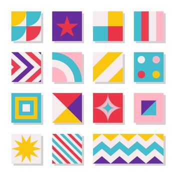 flat illustration set with square abstract compositions with geometric figures as symbol of dynamic, flow. Bright contrast elements. Minimalistic concept, clipart decorative collection vector