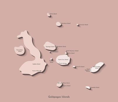 simplified illustration icon with beige gradient silhouette of Galapagos Islands map, part of Ecuador. Names of the island and main cities. Brown background vector