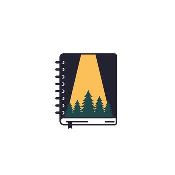 logo diseño de un cuaderno con arboles y un ligero en sus cubrir vector