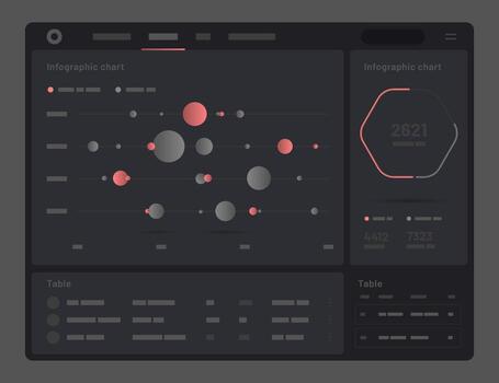 Web app Dashboard. Elements of infographics on a black background. Use in presentation templates, mobile app and corporate report. vector