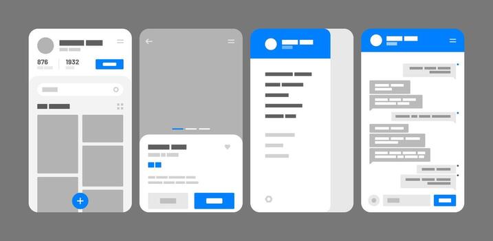 UI Kit elements for mobile app concept. Design for social media, online store, hotel reservation. Wireframes screens. Flowchart. vector