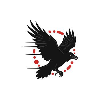 Logo design of a black raven flying over a circle with a red colored pattern vector