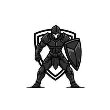 Logo design of a knight holding a shield standing in front of a shield vector