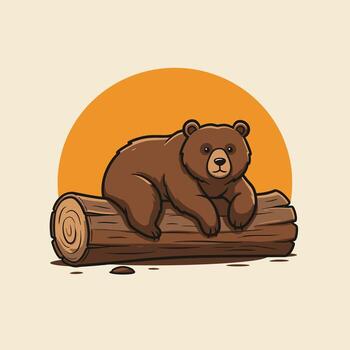 Bear sitting on a log logo design with the sun in the background vector