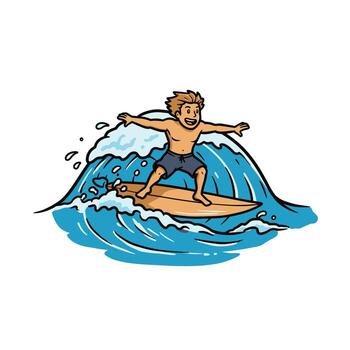 Man on a surfboard logo design with a big wave in the background vector
