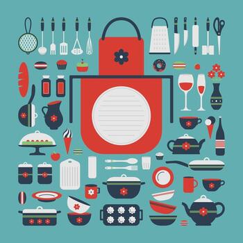 Set of kitchen utensils and food, isolated objects. Background for a cookbook. Space for text and writing prescriptions. Cookware, home cooking background. Kitchenware icons. Modern design vector