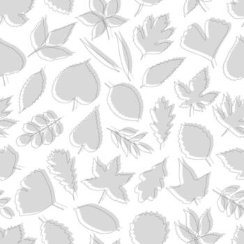 sin costura modelo con gris silueta hojas y línea arte, negro contorno. blanco antecedentes. hoja de arce, tilo, abedul. impresión para textil, paquete, y envase papel ilustración vector