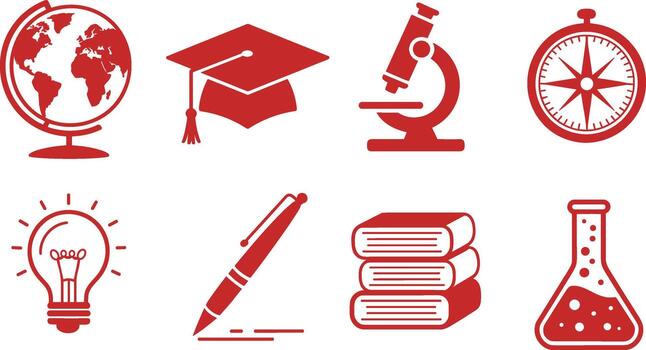 Education and Learning Icon Set in Red. Science and Knowledge Symbols for Education Collection. vector