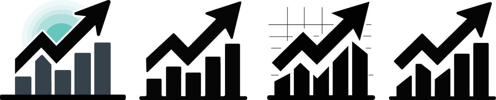 Business growth bar chart with rising arrow . Financial success statistics and progress graph icon set. vector