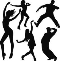 Silhouettes of five people dancing in various poses vector