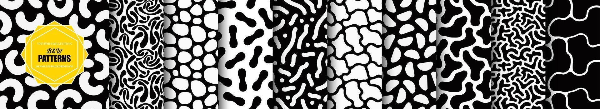 colección de negro y blanco sin costura patrones con resumen formas creativo lugares texturas - monocromo antecedentes. interminable textil de moda huellas dactilares vector