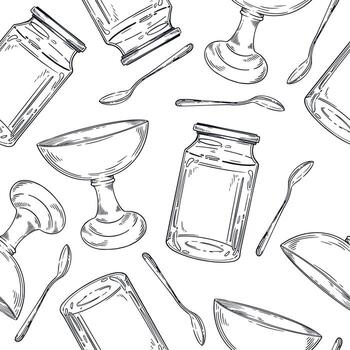 Seamless pattern of empty dishes, glass jar for preservation, jam vase, teaspoon. All objects are hand-drawn with ink. Suitable for printing on wrapping paper, fabric. illustration vector
