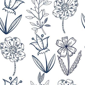 Seamless pattern of meadow flowers, bells, cornflowers, leaves and twigs. All objects are hand-drawn with ink. The illustration is suitable for printing on fabric, paper, for packaging design vector