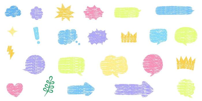 set of speech bubbles in chalk texture, hand drawn message frames vector