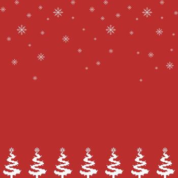 un encantador Navidad píxel Arte modelo con que cae copos de nieve y un fila de invierno arboles en un rojo antecedentes. ideal para fiesta antecedentes. vector