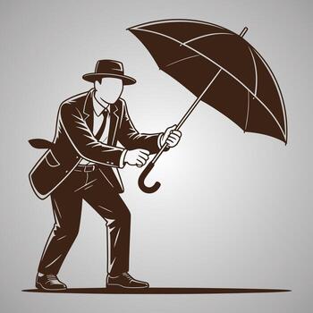 hombre en traje y sombrero luchando con un abierto paraguas en el viento vector