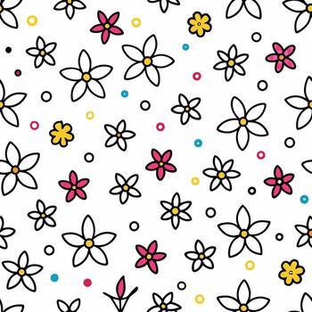 sin costura modelo con antecedentes flores y puntos en blanco antecedentes vector