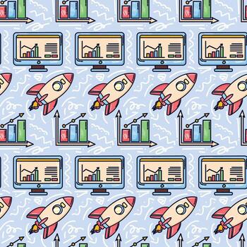 Rockets and data charts seamless pattern vector