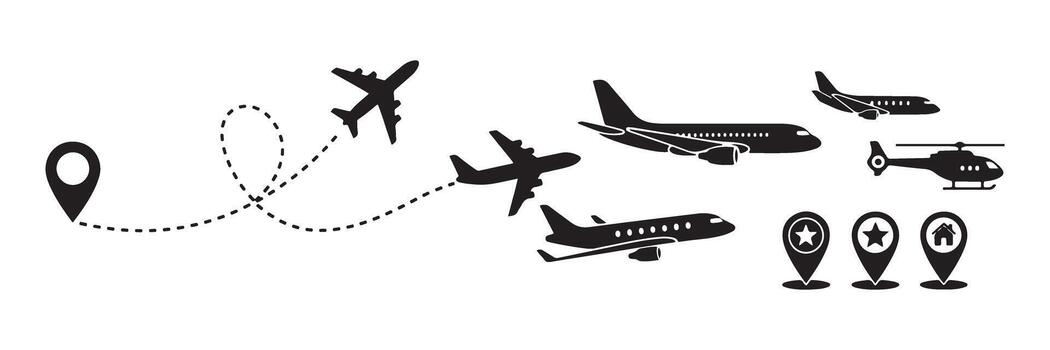 Flight path line. Airplane with a dotted trail and a map pin at the beginning. Different aircraft and destination pin icons. vector