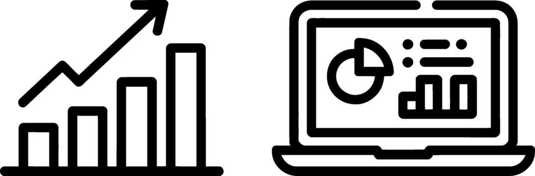 Bar chart with upward arrow and laptop showing pie chart analytics and data vector